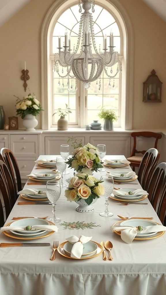 A beautifully set dining table with floral centerpiece and elegant tableware.