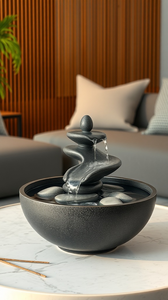 A sleek tabletop fountain with smooth stones and a gentle water flow, placed on a marble table.