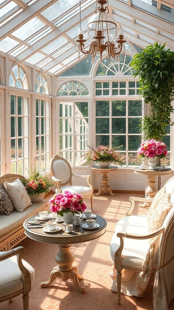A bright and elegant conservatory tea room with floral arrangements, a round table set for tea, and a chandelier.
