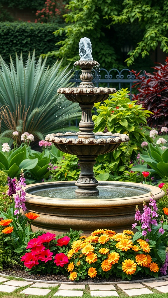 A beautiful tiered fountain surrounded by colorful flowers in a garden.