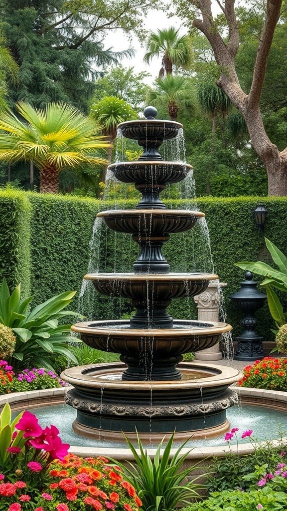 A tiered waterfall fountain surrounded by colorful flowers and greenery.