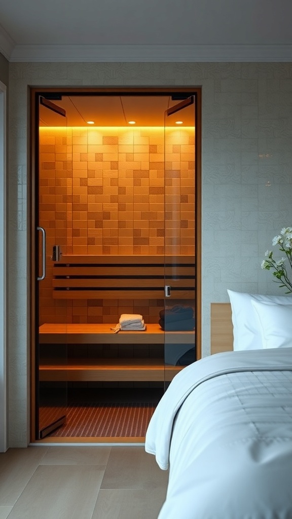 A stylish sauna with tile walls and wooden benches, featuring a glass door and soft lighting.