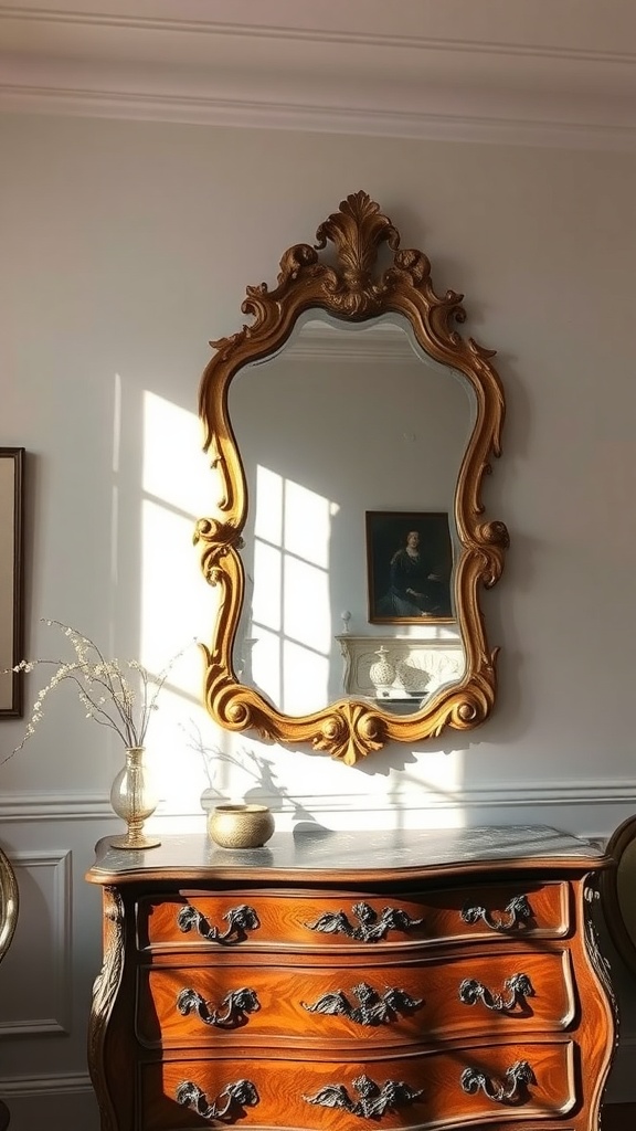 A vintage Rococo mirror with a golden frame reflecting light, placed above a wooden dresser.