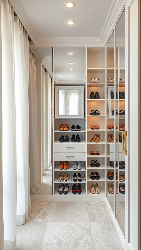 A stylish walk-in closet featuring mirror accents and organized shoe racks.