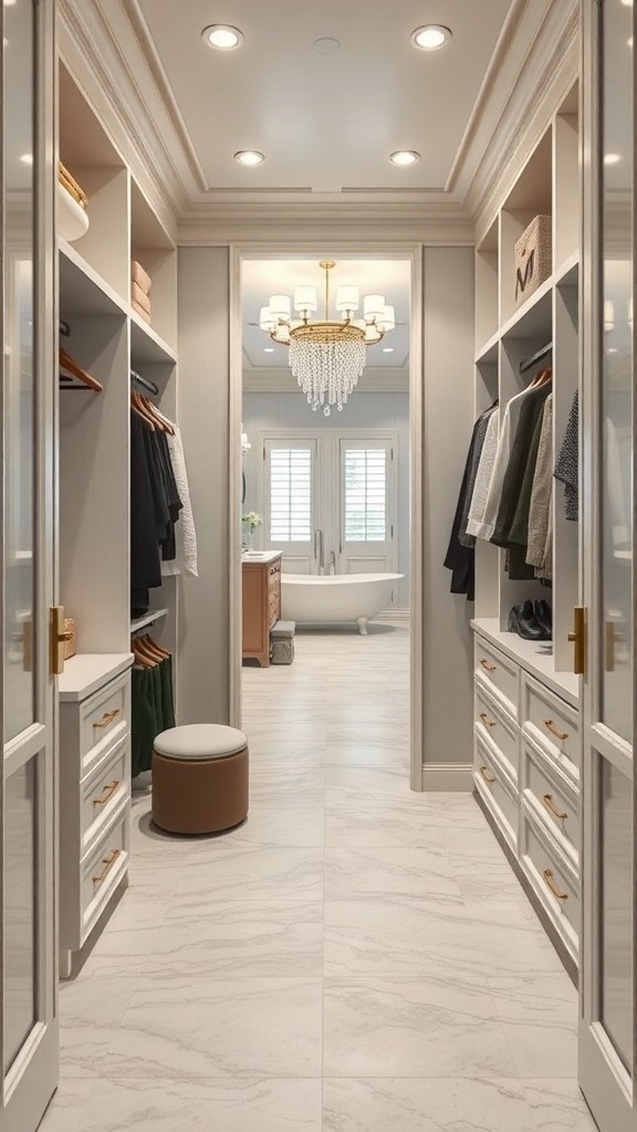 A walk-through closet featuring organized shelves, a chandelier, and a view of a bathroom.