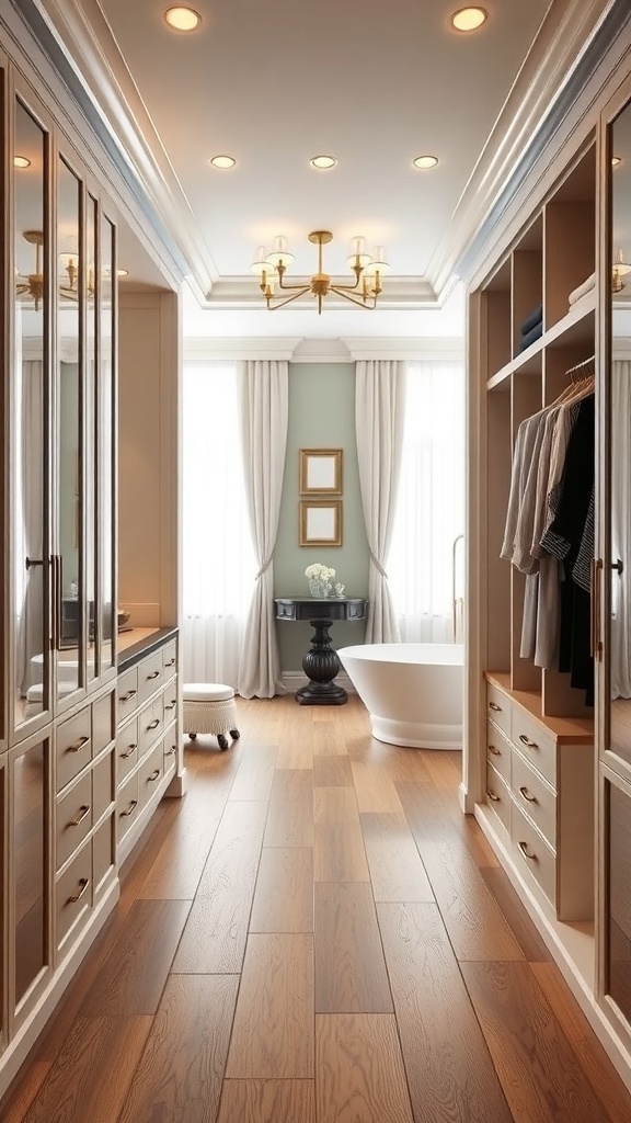 Stylish walk-through closet leading to a luxurious bathroom with a freestanding tub