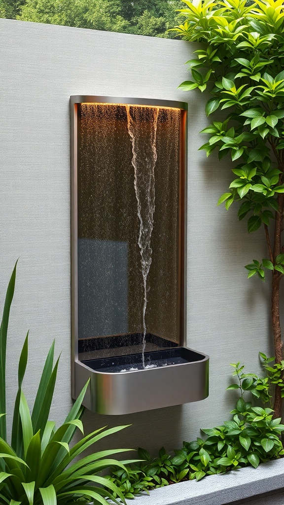 A modern wall-mounted fountain with flowing water and surrounding greenery.