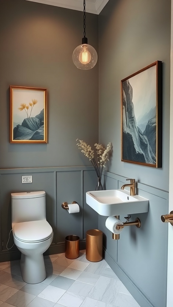 A small bathroom featuring elegant wall art, a round mirror, and a plant, showcasing a stylish and sophisticated design.