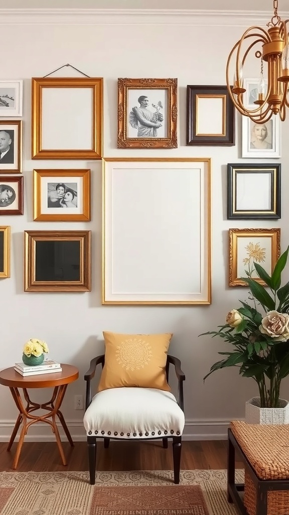 A wall decorated with various thrifted frames, some with pictures and some empty, showcasing a stylish arrangement.