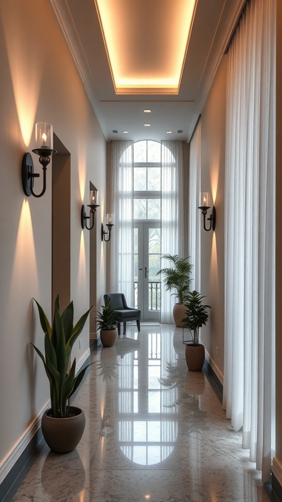 A narrow hallway featuring elegant wall sconces, polished flooring, and plants.