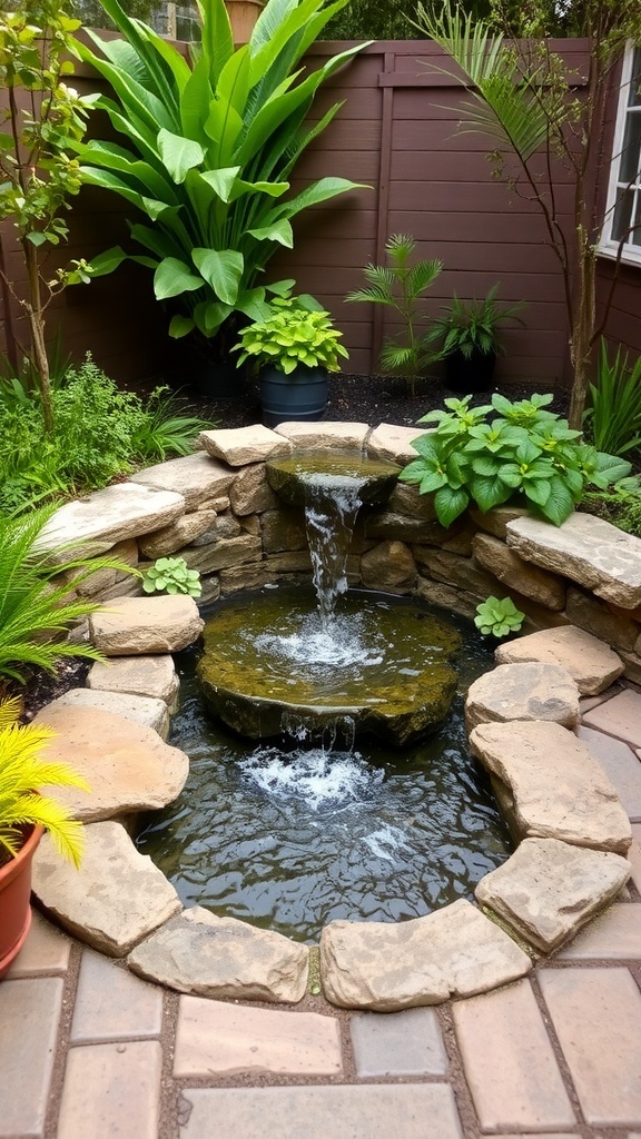 A small bowl fountain with water flowing, surrounded by plants and stones in a cozy backyard.