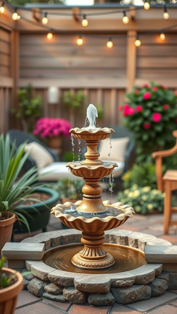 A decorative fountain in a patio setting surrounded by plants and cozy seating.