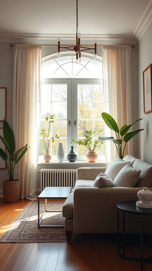 Cozy living room with light curtains, plants, and a modern chandelier.