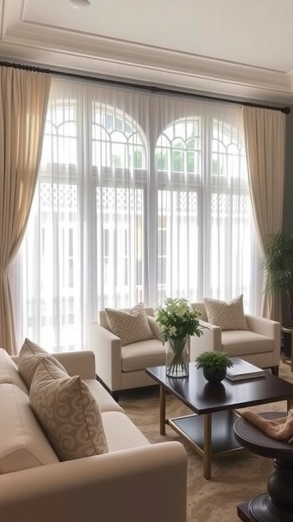 A bright living room featuring elegant window treatments with sheer curtains and drapes.