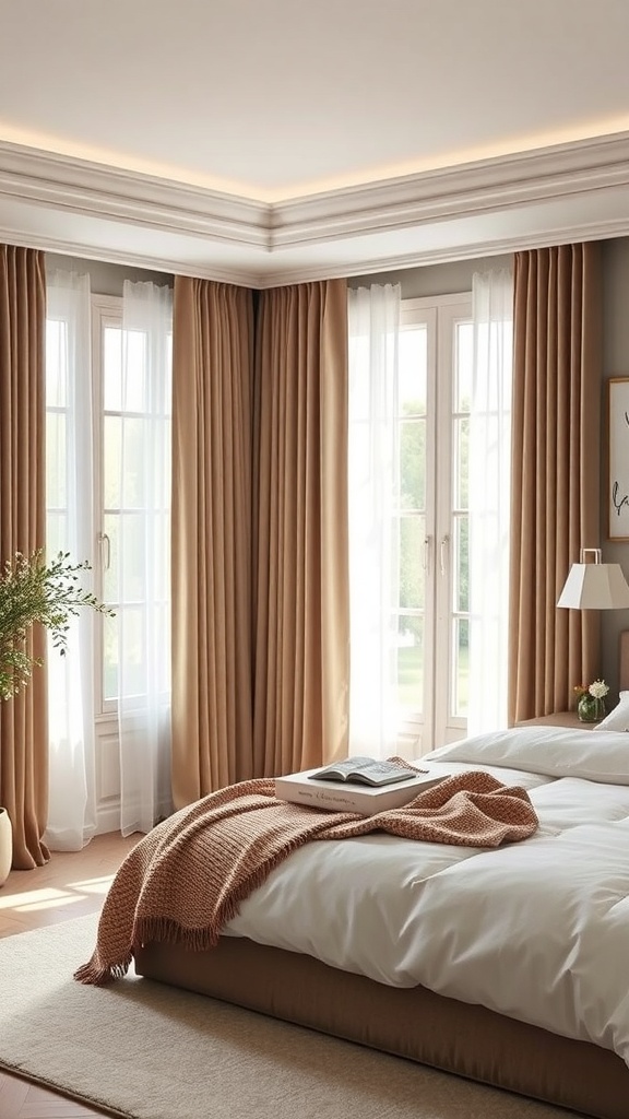 A cozy bedroom with soft curtains and a warm blanket on the bed.