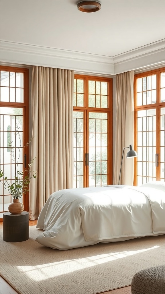 A serene bedroom with large windows, beige curtains, and white bedding, creating a calming atmosphere.