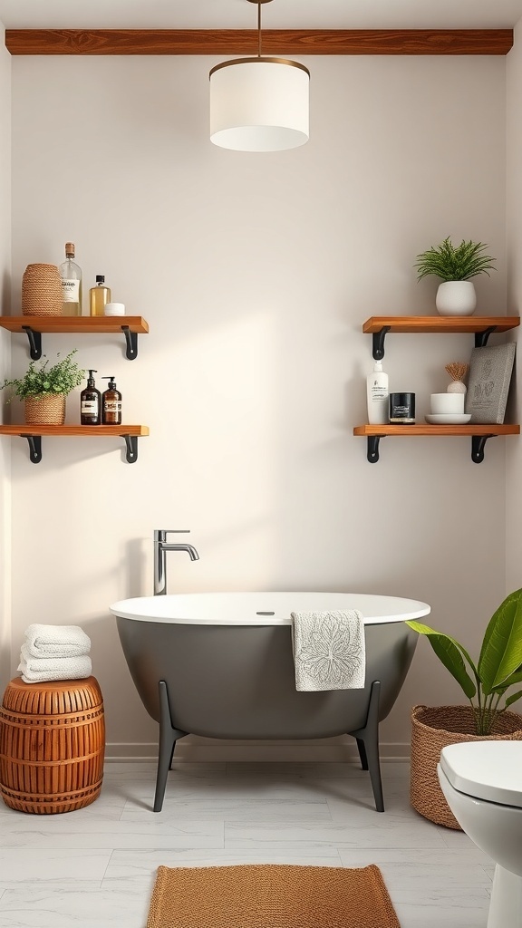 A modern bathroom featuring wooden shelves with toiletries and plants, a stylish bathtub, and a warm color palette.