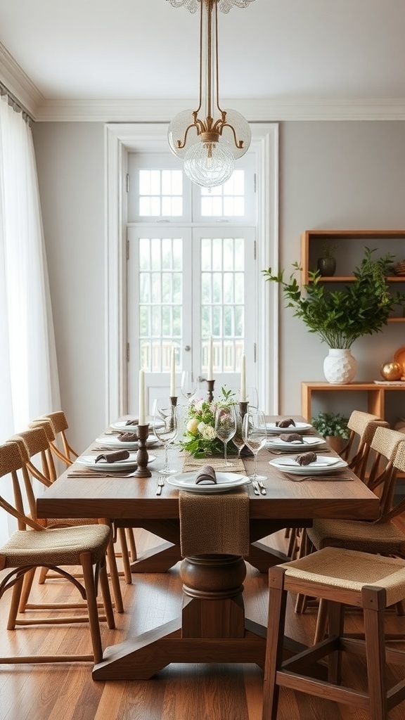 A beautifully set wooden dining table with chairs, surrounded by natural light from large windows.