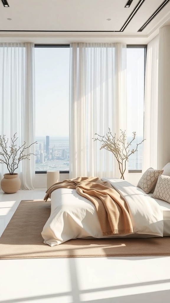 Minimalistisches Schlafzimmer mit hellen Vorhängen, neutraler Bettwäsche und eleganten Pflanzen.