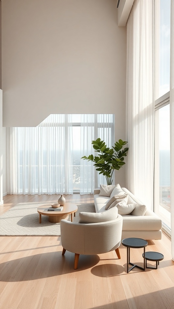 Minimalistischer Wohnraum mit eleganten Akzentmöbeln, großen Fenstern und Pflanzen.