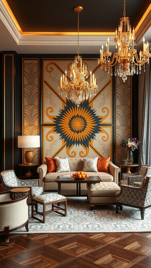 Elegantes Wohnzimmer mit Art Deco Akzentwand und stilvollen Möbeln