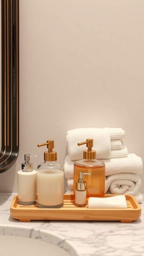 Luxuriöses Badezimmer mit Blick auf die Stadt, eleganten Badaccessoires und modernem Design.