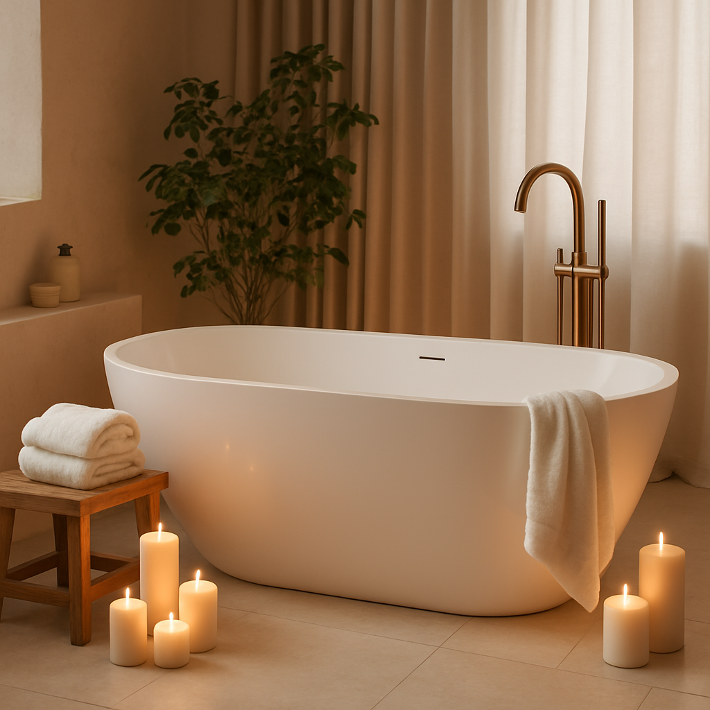Modernes Badezimmer mit eleganter Badewanne, Kerzen und natürlichem Licht