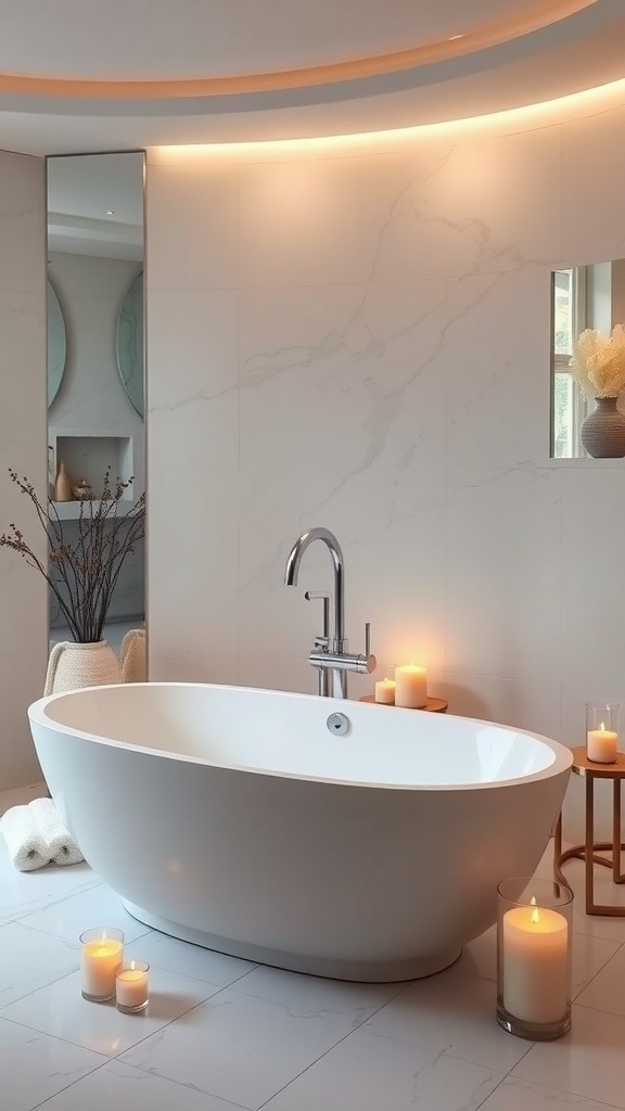 Luxuriöse Badewanne in einem eleganten Badezimmer mit Kerzen und sanfter Beleuchtung