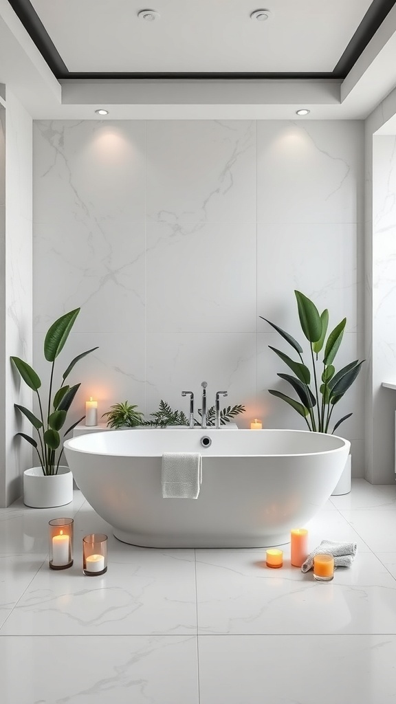 Moderne Badewanne in einem eleganten Badezimmer mit Pflanzen und Kerzen