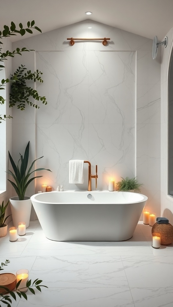 Moderne Badewanne in einem eleganten Badezimmer mit Pflanzen und Kerzen