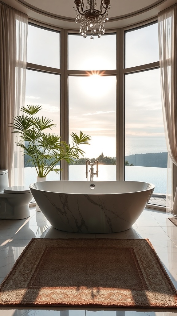 Luxuriöses Badezimmer mit Badewanne und Blick auf die Natur durch große Fenster