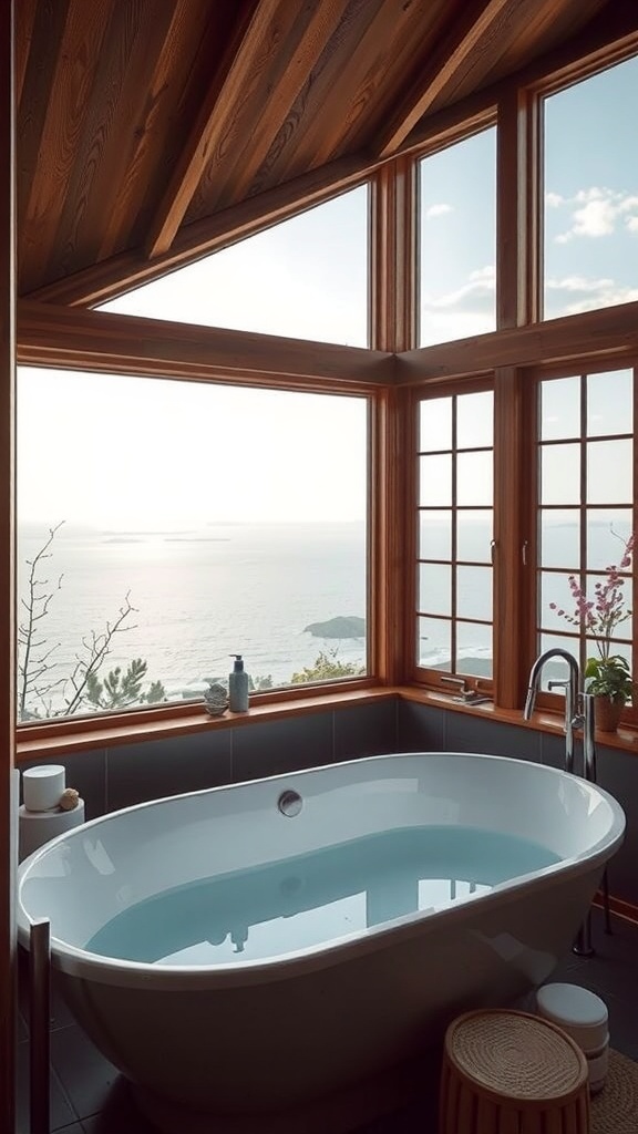 Luxuriöses Badezimmer mit Badewanne und Blick auf die Natur