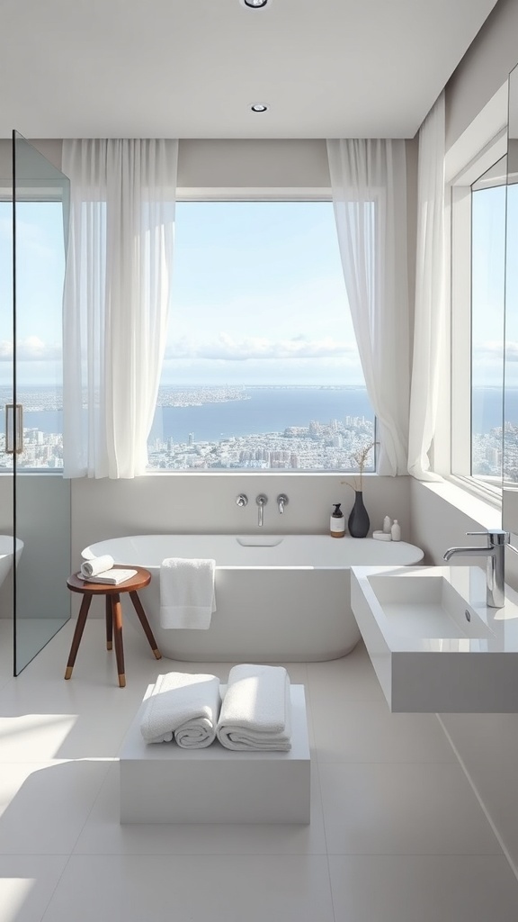 Modernes Badezimmer mit großen Fenstern, Badewanne und minimalistischen Accessoires