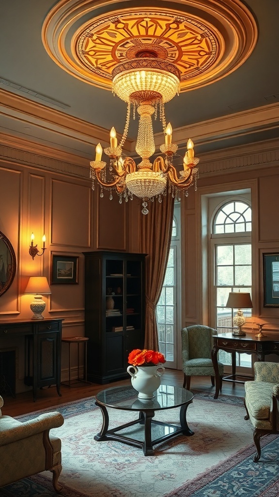 Ein eleganter Kronleuchter in einem Art Deco Wohnzimmer mit stilvollen Möbeln und dekorativen Elementen.