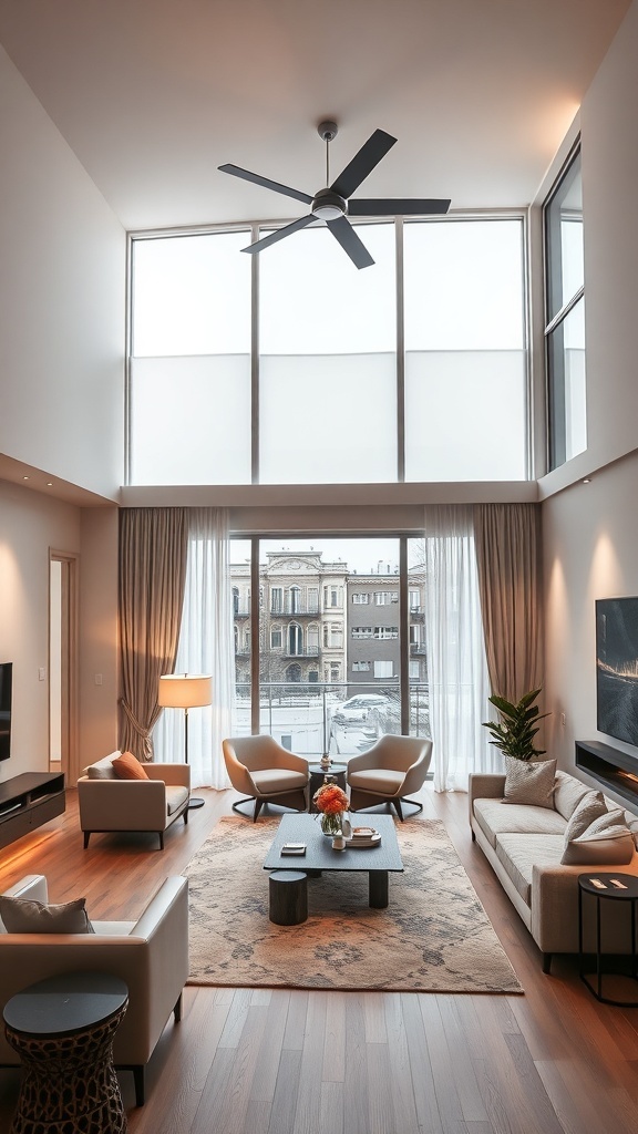 Modernes Wohnzimmer mit großen Fenstern, eleganter Beleuchtung und stilvollen Möbeln