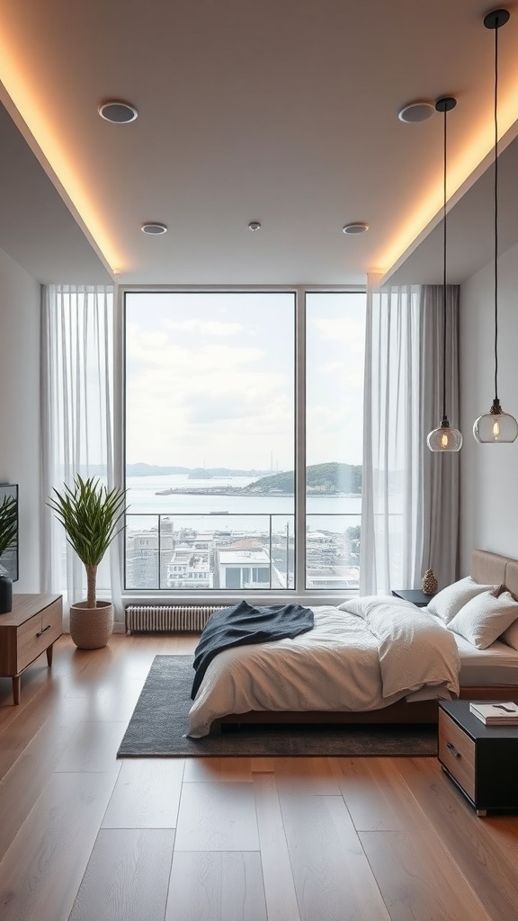 Modernes Schlafzimmer mit minimalistischem Design und eleganter Beleuchtung