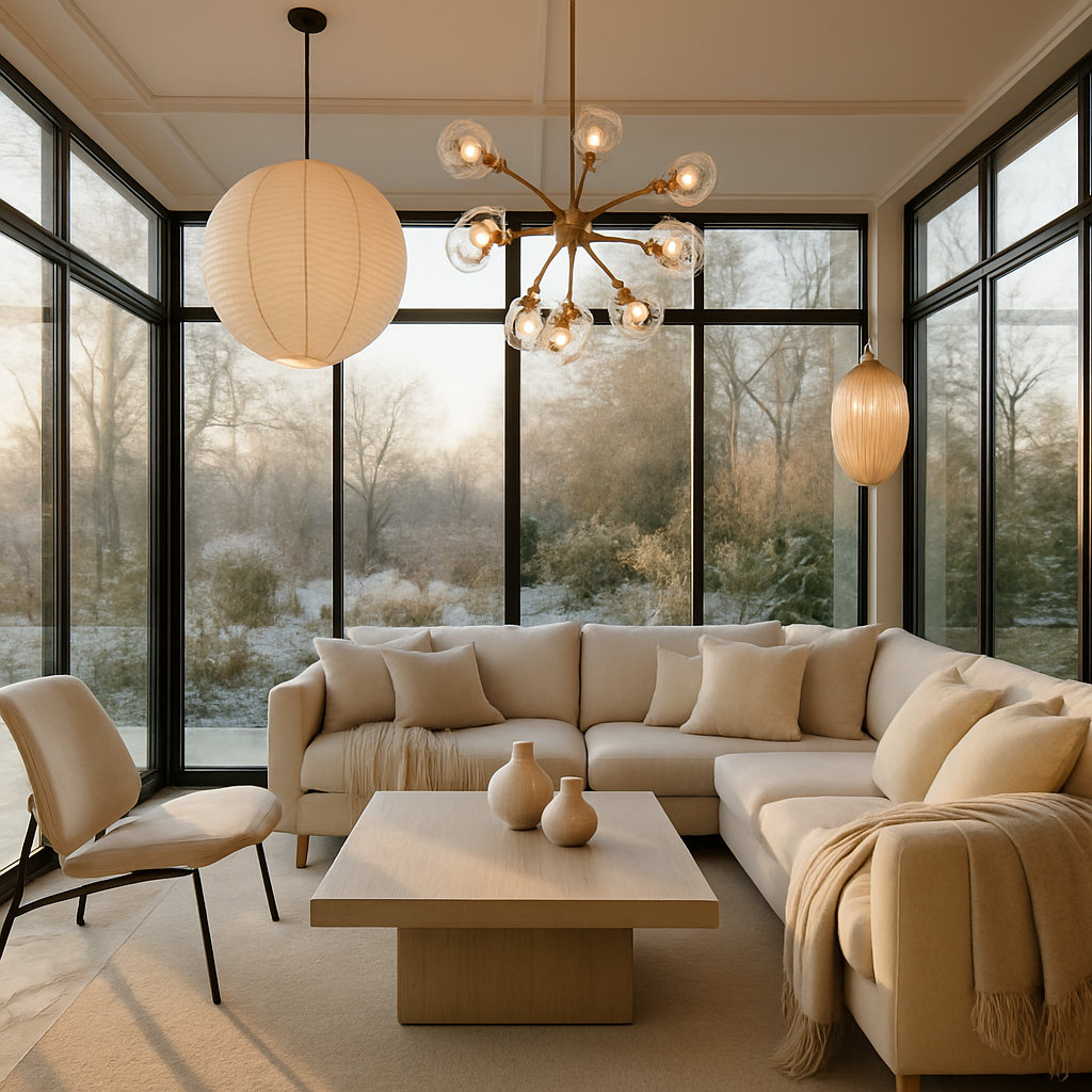 Moderne Wintergarten mit eleganten Beleuchtungskonzepten und stilvoller Einrichtung
