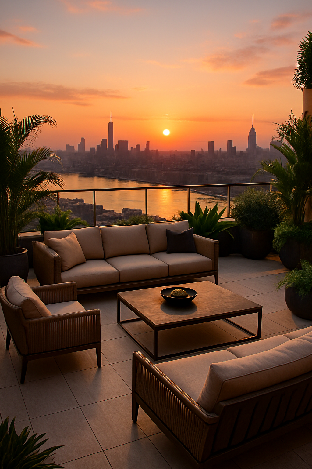 Elegante Dachterrasse mit gemütlichen Möbeln und Panoramablick auf die Stadt und das Wasser