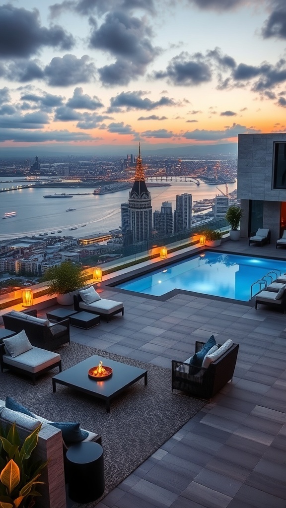 Elegante Dachterrasse mit Stadtblick, Pool und modernen Möbeln
