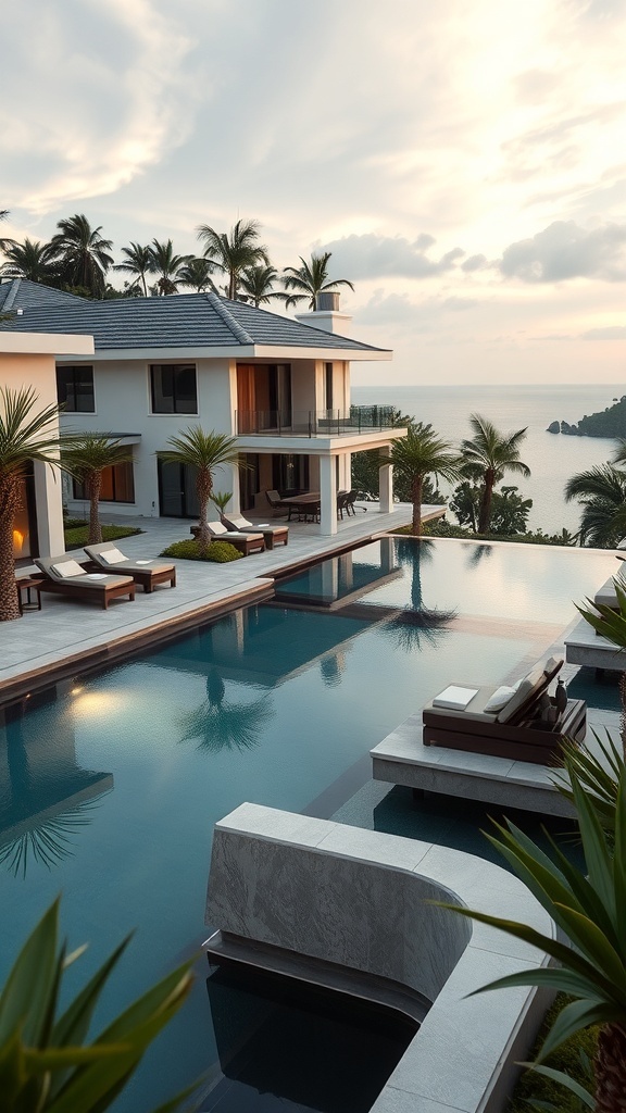 Luxuriöser Vitality Pool mit modernem Haus und Palmen im Hintergrund