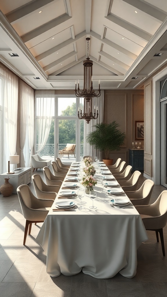 Eleganter Essbereich mit langem Tisch, stilvollen Stühlen und großer Fensterfront