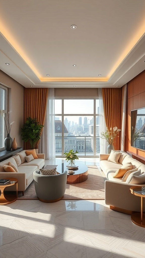 Luxuriöses Wohnzimmer mit hellen Sofas, warmen Vorhängen und einem schönen Stadtblick