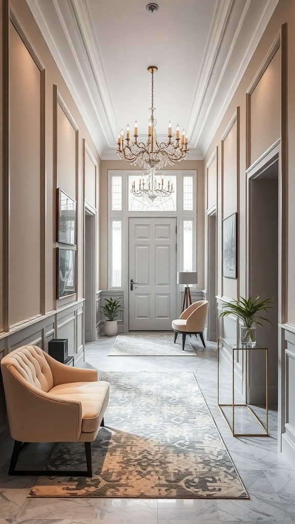 Eleganter Flur mit neutralen Farben, einem Kronleuchter und stilvollen Möbeln.