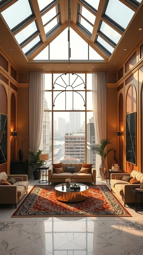 Ein elegantes Art Deco Wohnzimmer mit großen Fenstern, warmen Farben und luxuriösen Möbeln.