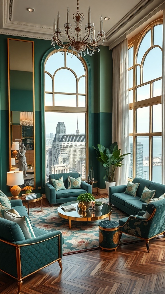 Ein elegantes Art Deco Wohnzimmer mit Türkis- und Goldakzenten, großen Fenstern und stilvollen Möbeln.