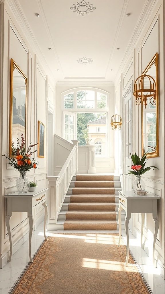Eleganter Flur mit hellen Wänden, goldenen Akzenten und stilvollen Möbeln