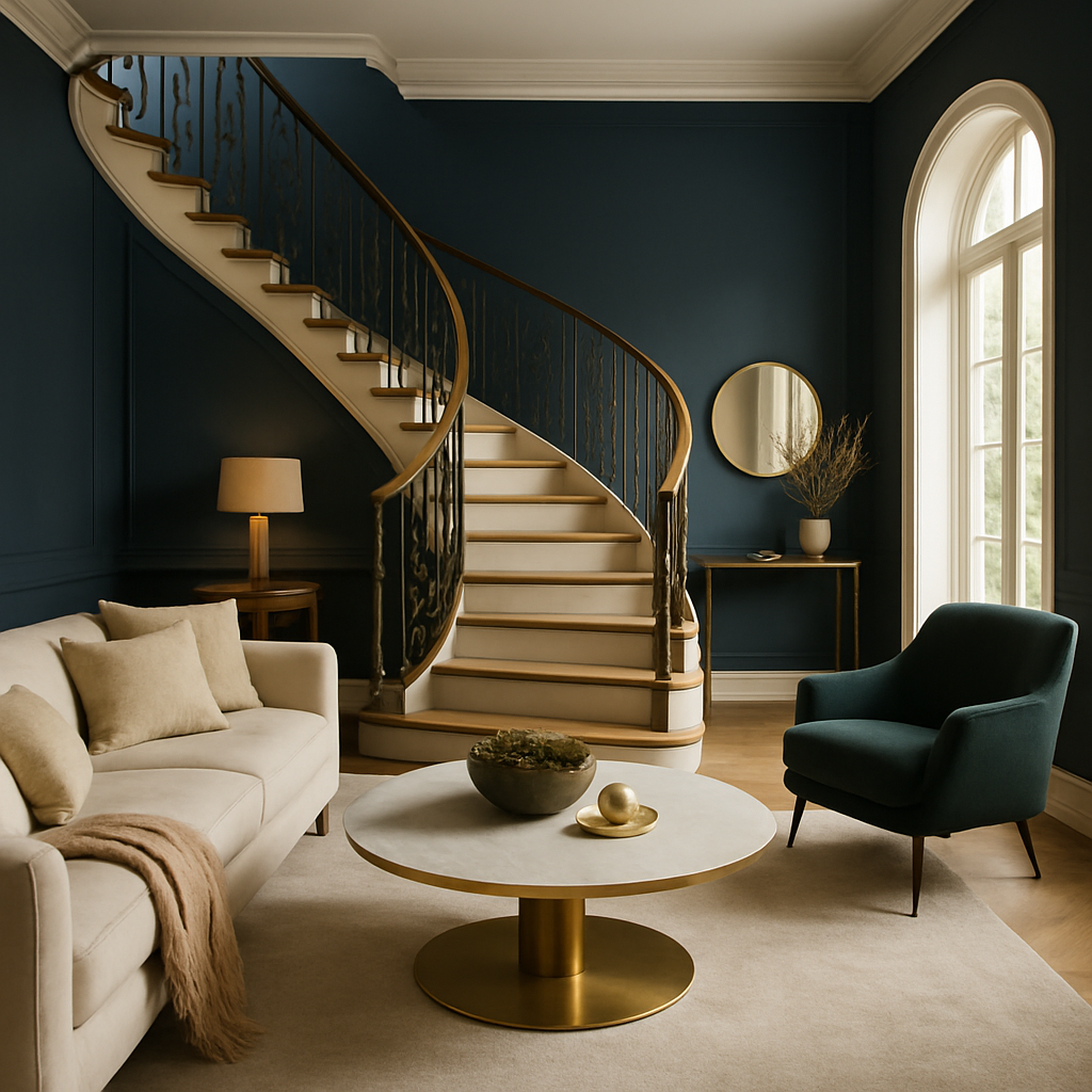 Ein eleganter Raum mit blauen Wänden, einem hellen Sofa, einem runden Marmortisch und einer geschwungenen Treppe.
