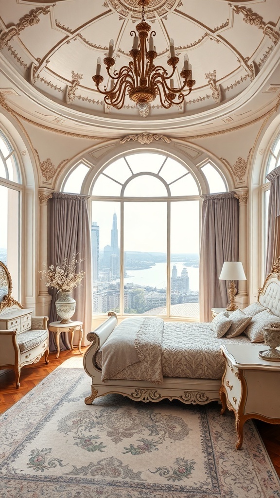 Luxuriöses Rococo Schlafzimmer mit großen Fenstern und eleganten Möbeln