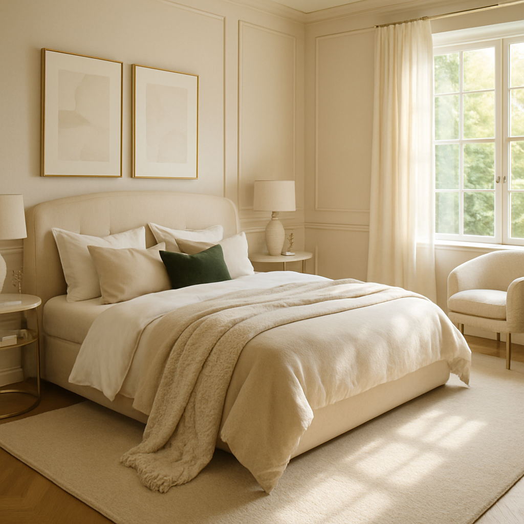Ein elegantes Schlafzimmer mit neutralen Farben, weichen Texturen und natürlichem Licht.