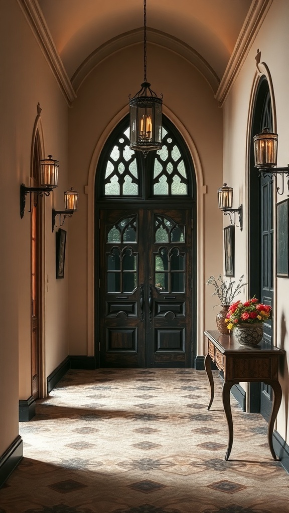 Ein eleganter Flur im Western Gothic Stil mit dunklen Holztüren, kunstvollen Leuchten und einer Vase mit Blumen.